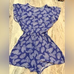 Good Luck Gem Blue Leaf Print Romper XS Elastic Waist Boho Summer